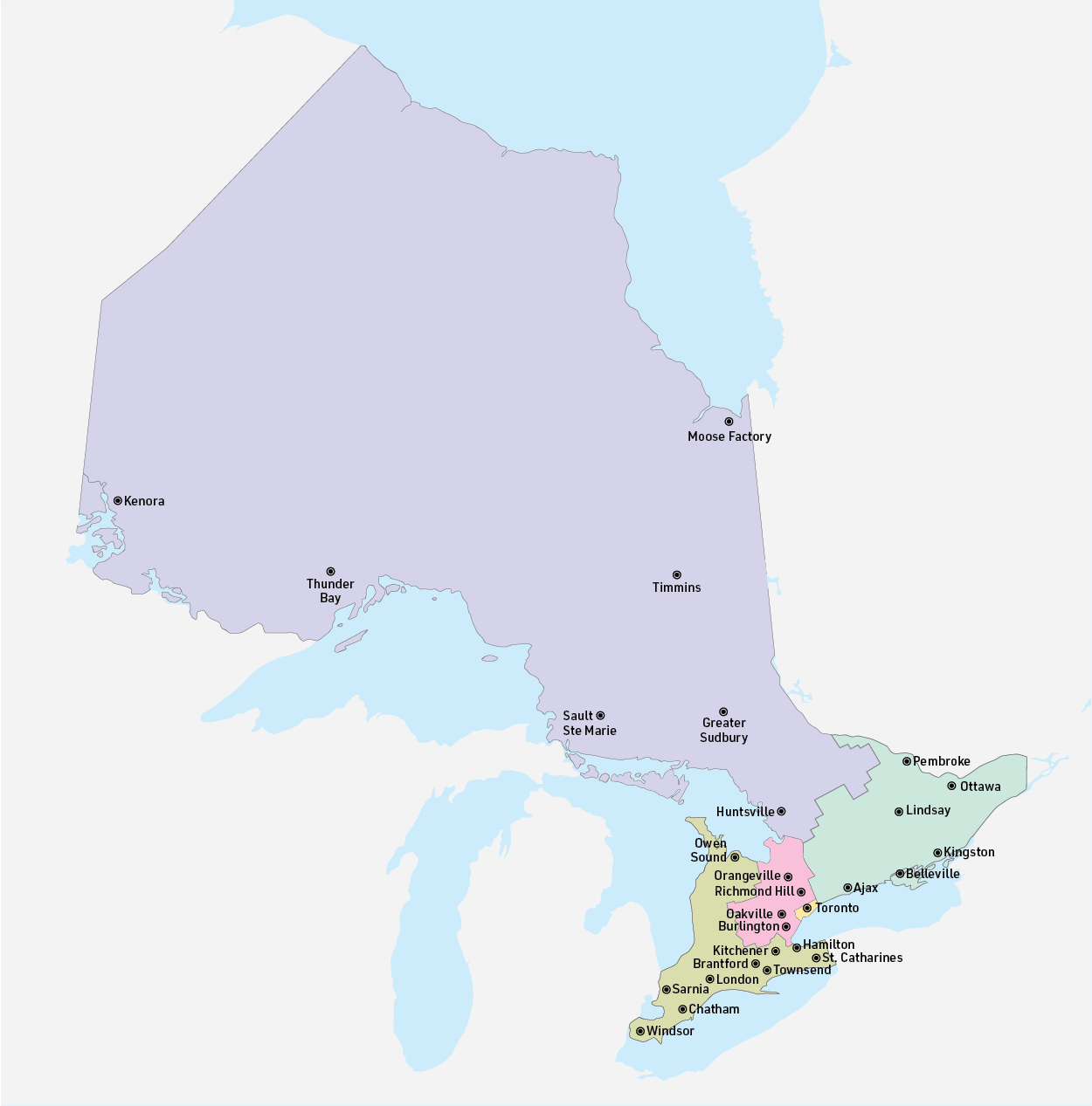 Map of Ontario illustrating FASD Coordination Services delivery areas across MCCSS regions. The province is divided into West, Central, Toronto, and North regions, with markers indicating Coordinating Agencies responsible for delivering services in each area.