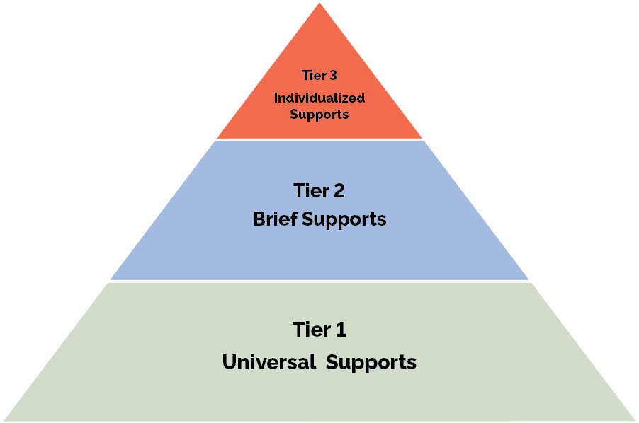Pyramid diagram illustrating a three-tiered service delivery model. Tier 1 at the base represents Universal Supports, Tier 2 in the middle represents Brief Supports, and Tier 3 at the top represents Individualized Supports, indicating increasing levels of service intensity.