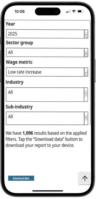 Mobile report view with filters, 1,096 results and a Download data button instead of an on-page table.