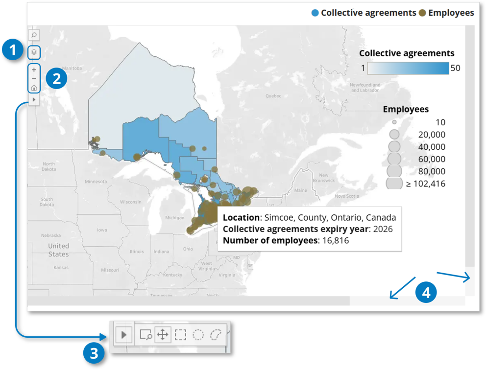 Interactive map of collective agreements and employees across Ontario. Four callouts highlight the features described in the next 4 sections.