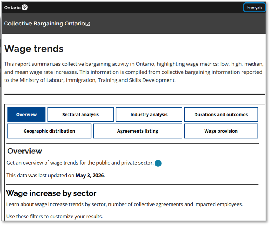 English Wage trends report page with the Français language toggle outlined in the upper-right corner.