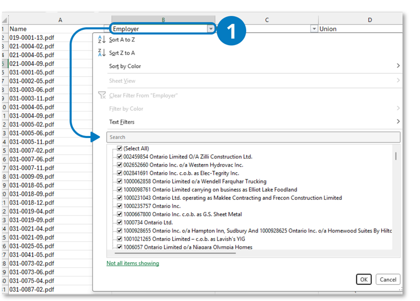 Agreement listing spreadsheet with the Employer column filter open. Callout 1 identifies the Employer filter and its search field. Enter part of an employer name in the search field, then select one or more matching values to narrow the spreadsheet results.