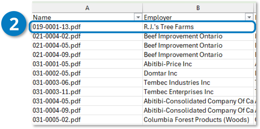 Filtered agreement listing spreadsheet. Callout 2 identifies the agreement file name 019-0001-13.pdf in the Name column. Copy the file name to search for the agreement in the collective agreements e-Library.