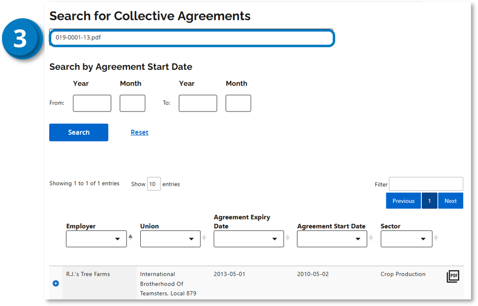 Collective agreements e-Library search page. Callout 3 identifies the search field containing the agreement file name 019-0001-13.pdf. Searching for the file name displays the matching agreement result for R.J.’s Tree Farms.
