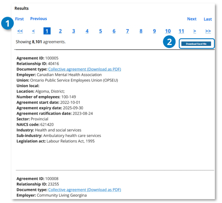 Collective agreements interactive search results with 2 numbered callouts highlighting the features described in the next 2 pages.