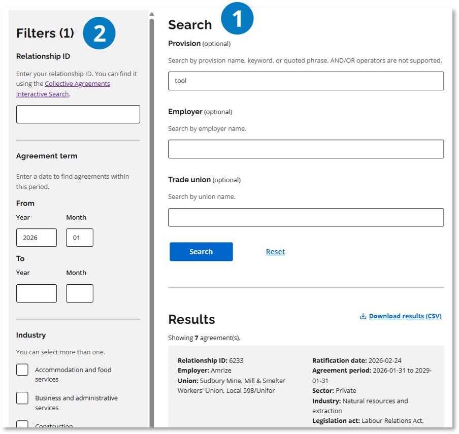 Provision library page. Callout 1 identifies search fields. Callout 2 identifies filters for narrowing agreements. Callouts are described in the following sections.