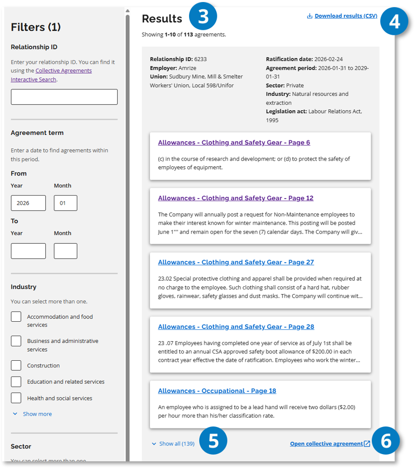 Provision results. Callouts 3 to 6 identify results, CSV download, Show all and Open collective agreement controls. Callouts are described in the following sections.