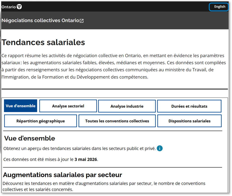 French Tendances salariales report page with the English language toggle outlined in the upper-right corner.
