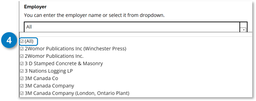Employer dropdown expanded with All selected. Callout 4 identifies the All option used to clear the default selection.