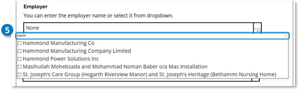 Employer dropdown with its search field active and matching employer options displayed. Callout 5 identifies the search field.