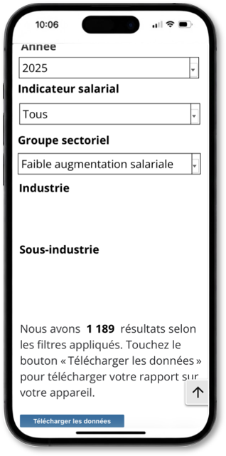 Version mobile d’un rapport avec des filtres, 1 189 résultats et un bouton Télécharger les données à la place d’un tableau affiché dans la page.
