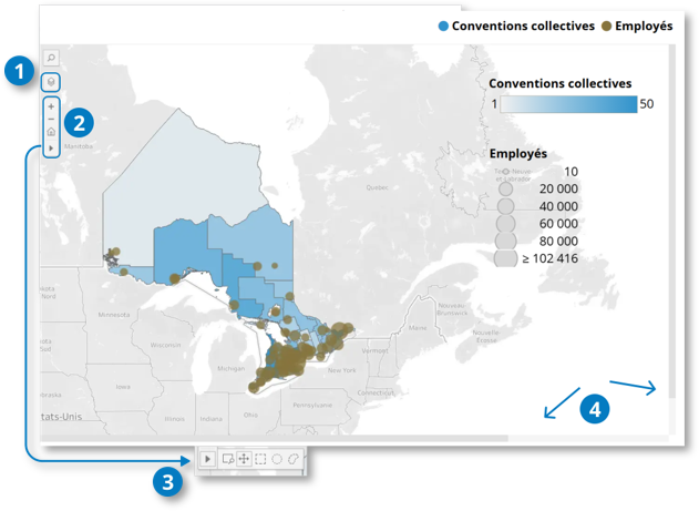 Carte interactive des conventions collectives et des employés en Ontario. Les repères 1 à 4 indiquent les fonctions de la carte décrites dans les sections suivantes.