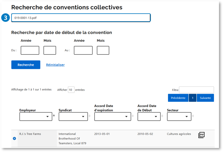 Page de recherche de la bibliothèque électronique des conventions collectives. Le repère 3 indique le champ de recherche contenant le nom de fichier 019-0001-13.pdf. La recherche du nom de fichier affiche la convention correspondante de R.J.’s Tree Farms.