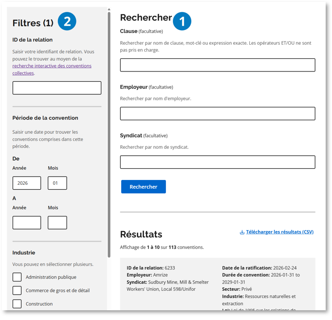 Page de la Bibliothèque de clauses. Le repère 1 indique les champs de recherche et le repère 2, les filtres servant à limiter les conventions. Les repères sont décrits dans les sections suivantes.
