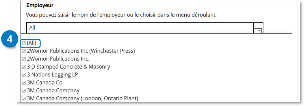 Liste déroulante Employeur ouverte, avec l’option All sélectionnée. Le repère 4 indique l’option All, qui sert à effacer la sélection par défaut.