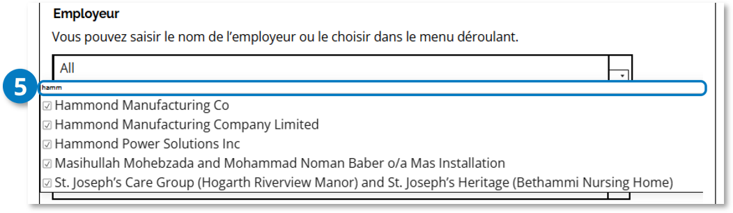 Liste déroulante Employeur avec le champ de recherche actif et des employeurs correspondants affichés. Le repère 5 indique le champ de recherche.