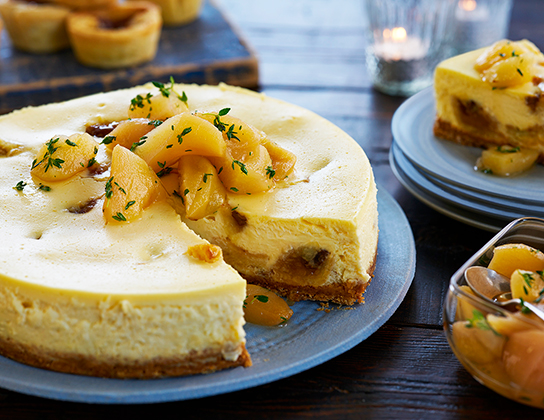 Butter Tart Cheesecake with Roasted Pear Compote | Foodland Ontario