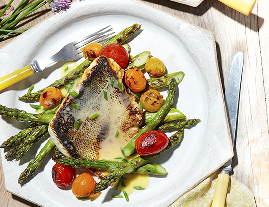 Grilled Walleye, Asparagus and Tomatoes