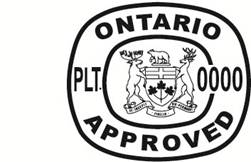 Illustration de deux estampilles d'inspection : les textes «ONTARIO APPROVED» et «PLT. 000» ou «PLT. 0000» entourent l'écusson de l'Ontario.