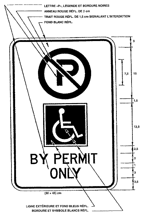Illustration du panneau où figure le symbole «Stationnement interdit», le Symbole d'accès universel et le texte «BY PERMIT ONLY».