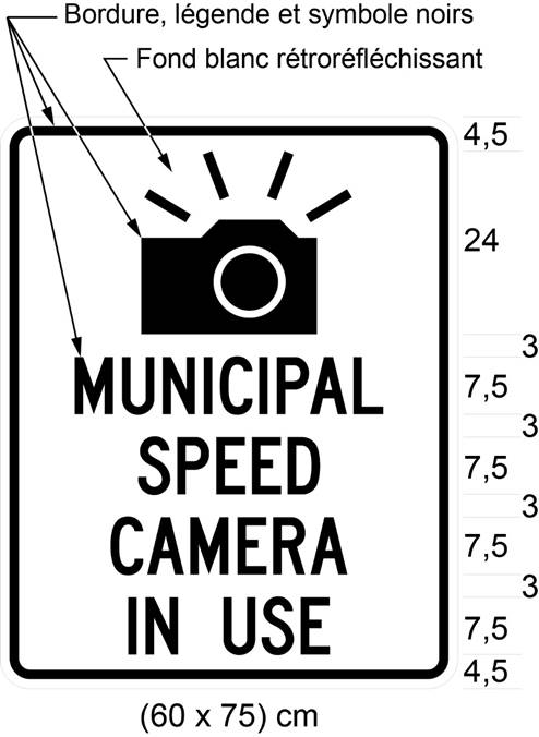 Illustration du panneau avec image d'une caméra et texte «MUNICIPAL SPEED CAMERA IN USE»
