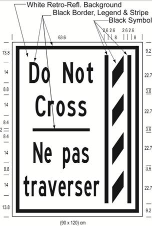Illustration of Figure P - ground-mounted sign of a buffer zone and to its left the text Do Not Cross/Ne pas traverser.