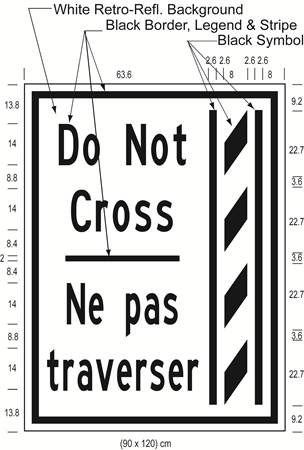 Illustration of Figure P - ground-mounted sign of a buffer zone and to its left the text Do Not Cross/Ne pas traverser.