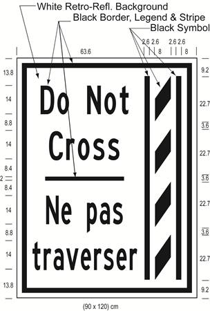 Illustration of Figure P - ground-mounted sign of a buffer zone and to its left the text Do Not Cross/Ne pas traverser.