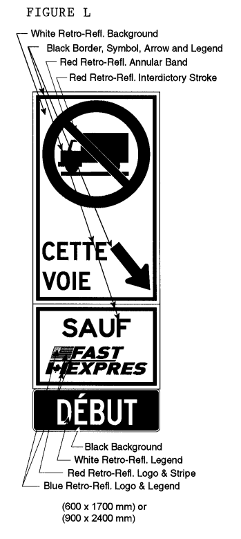 Illustration of Figure L - sign with a No Trucks symbol, arrow with text 