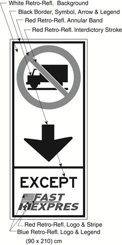 Illustration of Figure A - overhead border approach lane sign of a No Trucks symbol, down arrow and text EXCEPT FAST/EXPRES.
