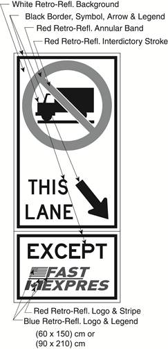 Illustration of Figure C - sign with a No Trucks symbol, diagonally down and right arrow with text THIS LANE and EXCEPT FAST/EXPRES.