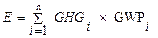 Image of equation: E is equal to the sum of the values for each GHG times the GWP for each GHG, from subscript i to n