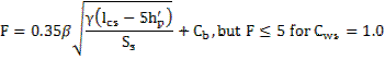 F=0.35β(square root of (γ(l subscript cs) - 5h subscript p ‘)/(S subscript s)+C subscript b, but F≤5 for C subscript ws = 1.0
