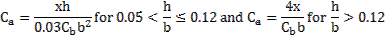 C subscript a = xh/0.03(C subscript b)(b squared) for 0.05 < h/b ≤ 0.12 and C subscript a = 4x/(C subscript b)b for h/b > 0.12.