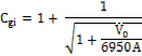 Image of equation: C subscript gi = 1 + 1 / the square root of (1 + (V subscript 0)/6950A)