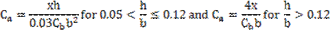 C subscript a = xh/0.03(C subscript b)(b squared) for 0.05 < h/b ≤ 0.12 and C subscript a = 4x/(C subscript b)b for h/b > 0.12.