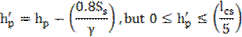 Image of equation: (h subscript p)' = h subscript p – (0.8(S subscript s)/gamma), but 0 ≤ (h subscript p)' ≤ (l subscript cs/5).