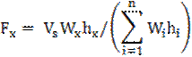 F subscript x = (V subscript s)(W subscript x)(h subscript x)/(summations of (W subscript i)(h subscript i) from i=1 to n).