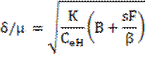 Image of equation: (delta/mu) = the square root of (K/(C subscript eH)(B+sF/beta)).