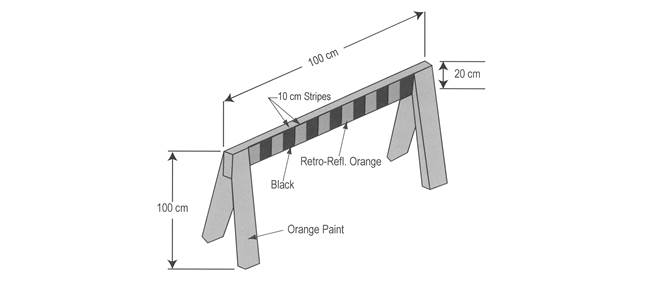 Illustration of traffic control barricade, including dimensions and markings of barricade.