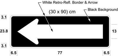 Illustration of sign with white arrow pointing left on black background.
