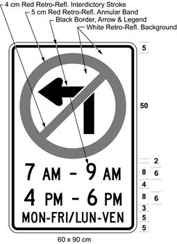 Illustration of sign with a no left turn symbol, text 