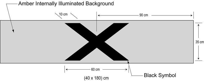 Illustration of sign with large black X on amber internally illuminated background of size 40 by 180 cm.