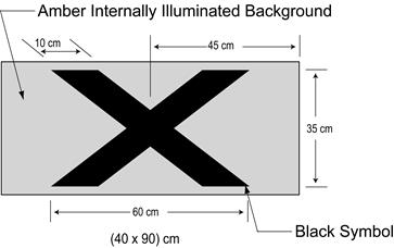 Illustration of sign with large black X on amber internally illuminated background of size 40 by 90 cm.