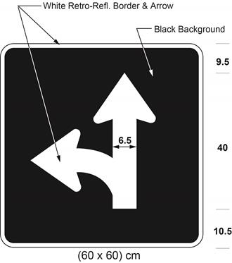 Illustration of sign with branching white arrow curving left and proceeding straight on black background.
