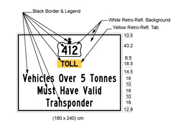 Illustration of sign with 412 inside Crown symbol, text Toll on yellow background and text Vehicles Over 5 Tonnes Must Have Valid Transponder on white background. 