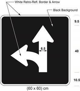 Illustration of sign with branching white arrow curving left and proceeding straight on black background.
