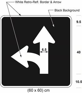 Illustration of sign with branching white arrow curving left and proceeding straight on black background.
