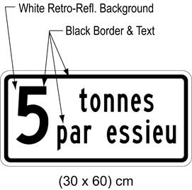Illustration of tab sign with text 5 tonnes par essieu. 