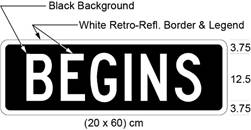 Illustration of tab sign with white text BEGINS on black background.